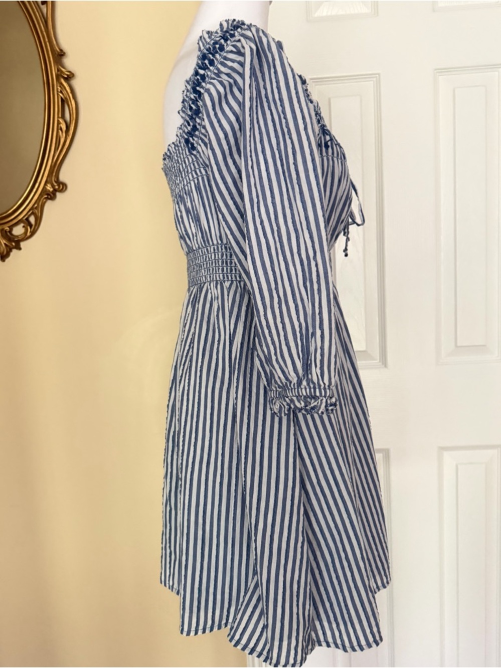 American Eagle Women's Blue & White Striped Puff Sleeve Embroidered Mini Dress S - Picture 5 of 13